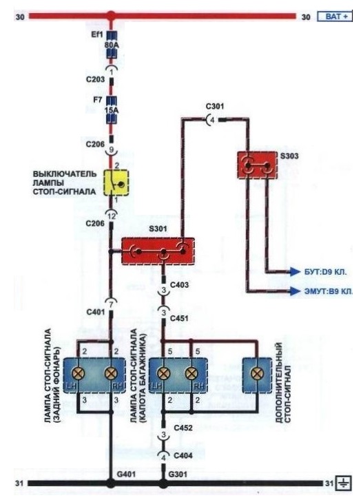 Схема подключения ламп стоп-сигнала (хэтчбэк) на Daewoo Lanos