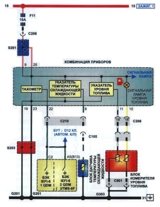 Схема подключения тахометра и указателей температуры и уровня топлива на Daewoo Lanos
